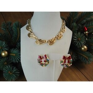 Trifari Gold Tone Necklace, Christmas Earrings and Holly Bracelet